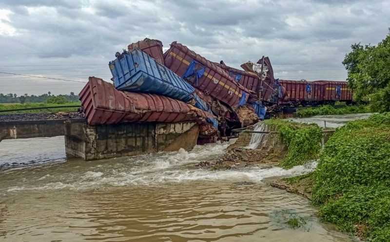 Coaches of a goods train that derailed after a bridge collapse on Talcher- Angul railway section following heavy rains, in Angul district on September 14, 2021. (PTI Photo)
