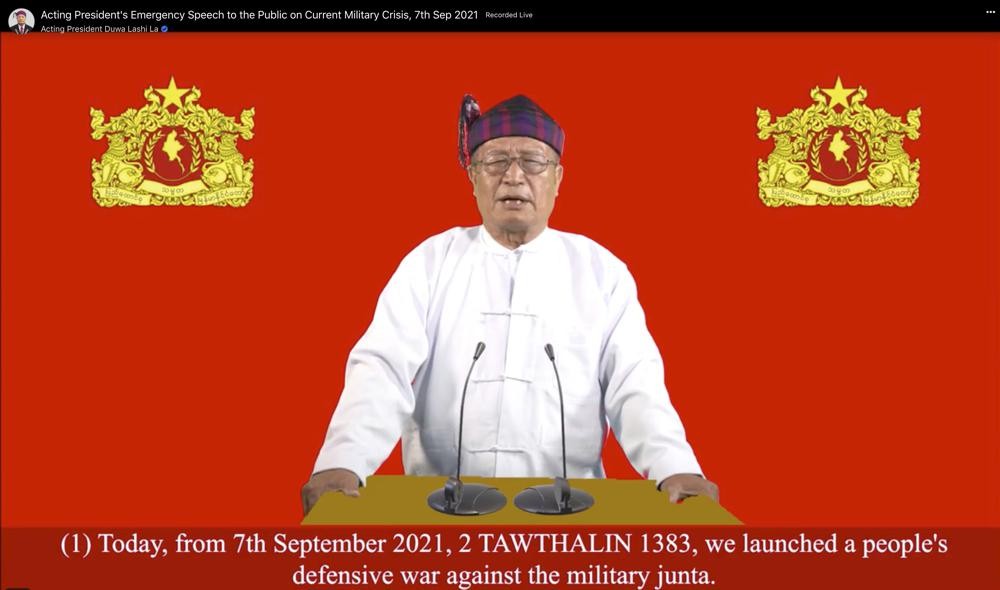 This image made from video by National Unity Government (NUG) via Facebook, shows Duwa Lashi La, the acting president of the National Unity Government (NUG), posted on Tuesday, Sept. 7, 2021 in Myanmar. Myanmar’s NUG, an underground body coordinating resistance to the military regime, on Tuesday called for a nationwide uprising. The shadow government's acting president Duwa Lashi La called for revolt “in every village, town and city in the entire country at the same time” against the military-installed government and declared a so-called ”state of emergency." (National Unity Government via Facebook via AP)