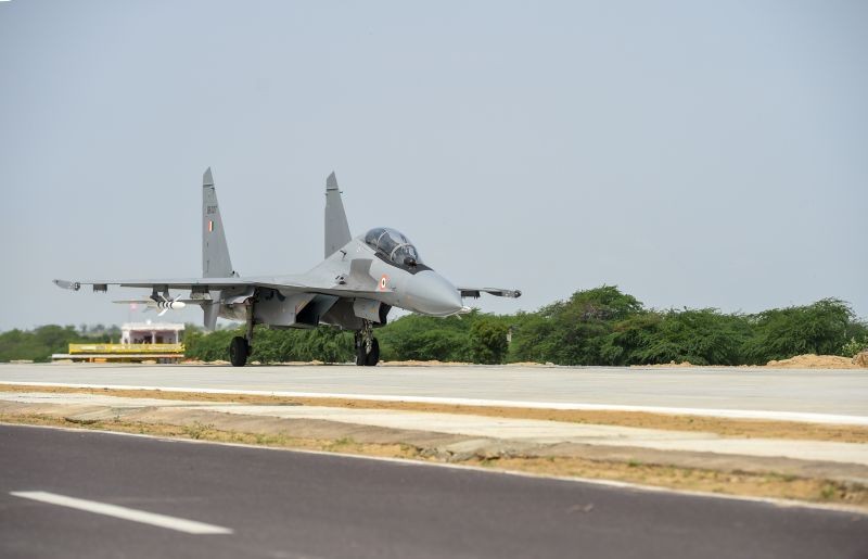 Indian Air Force fighter Sukhoi Su-30 lands during inauguration of an emergency landing strip at Gandhav Bhakasar section on NH-925 in Barmer district on September 9. (PTI Photo)