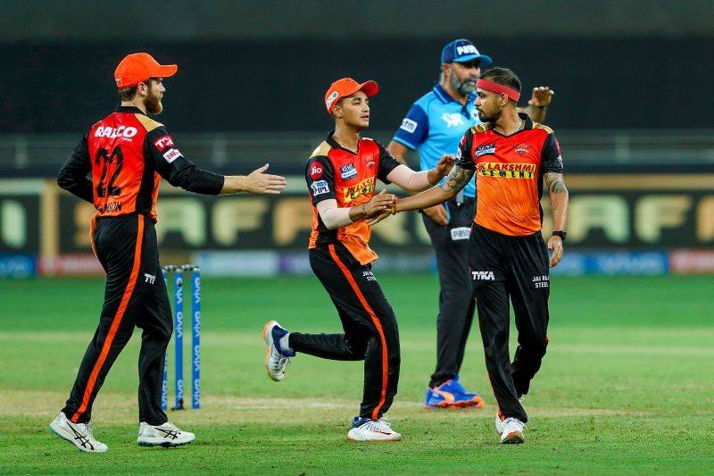 Sunrisers Hyderabad celebrates the wicket  during match 40 of the Vivo Indian Premier League between the Sunrisers Hyderabad and the Rajasthan Royals, at the Dubai International Stadium in the United Arab Emirates on September 27, 2021. (PTI File Photo)