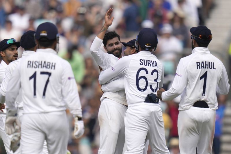 London: India's Ravindra Jadeja, centre, is hugged as he celebrates taking the wicket of England's Haseeb Hameed on day five of the fourth Test match at The Oval cricket ground in London, Monday, Sept. 6, 2021.AP/PTI(