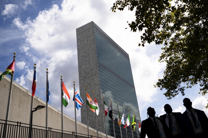 New York: Members of a delegation's entourage wait outside a security checkpoint on the sidewalk in front of the United Nations headquarters, Tuesday, Sept. 21, 2021, during the 76th Session of the U.N. General Assembly in New York.(AP/PTI Photo)