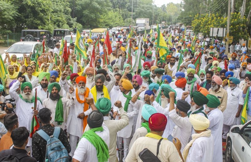 Farm leaders and farmers stage a protest over violence in Lakhimpur Kheri on Sunday, in Patiala on October 4, 2021. (PTI Photo)