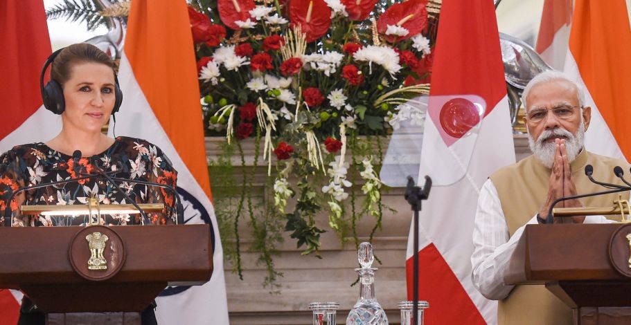 New Delhi: Prime Minister Narendra Modi with Denmark s Prime Minister Mette Frederiksen during their joint statement at Hyderabad House in New Delhi, Saturday, Oct. 9, 2021. (PTI Photo/Shahbaz Khan)