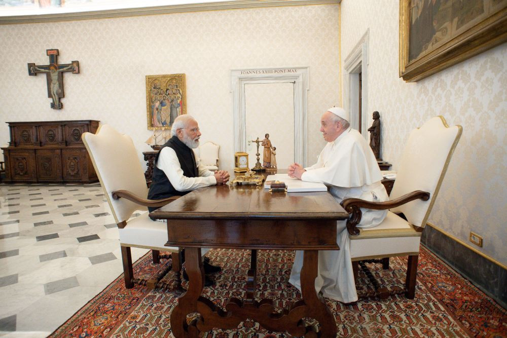 Vatican City: India's Prime Minister Narendra Modi, left, sits at a table with Pope Francis on the occasion of their private audience at the Vatican, Saturday, Oct. 30, 2021. Modi is in Rome for the Group of 20 summit.AP/PTI Photo