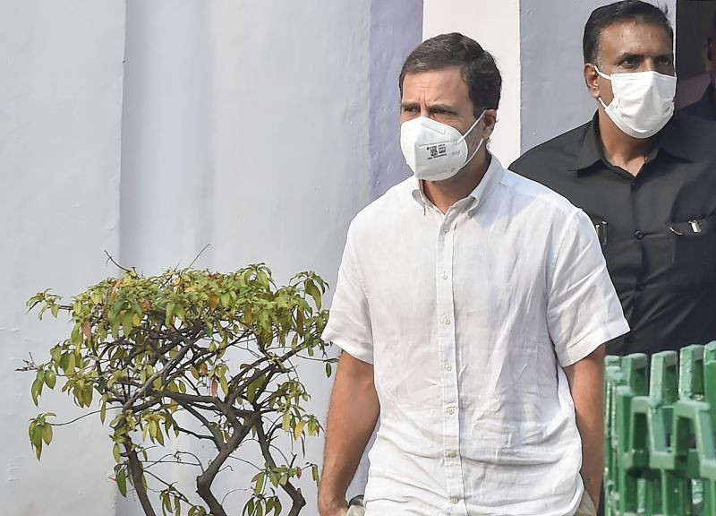 Congress leader Rahul Gandhi leaves after attending Congress Working Committee meeting at AICC HQ in New Delhi, Saturday, Oct. 16,2021. (PTI Photo)