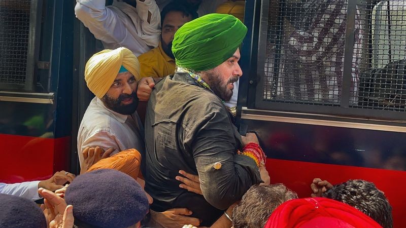Navjot Singh Sidhu along with INC MLAs detained by Chandigarh Police while protesting in support of farmers after violenece broke out in Lakhimpur Kheri yesterday, in Chandigarh on October 4, 2021. (PTI Photo)