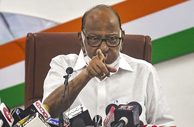 Nationalist Congress Party Chief Sharad Pawar addresses a press conference in Mumbai on October 13, 2021. (PTI Photo)