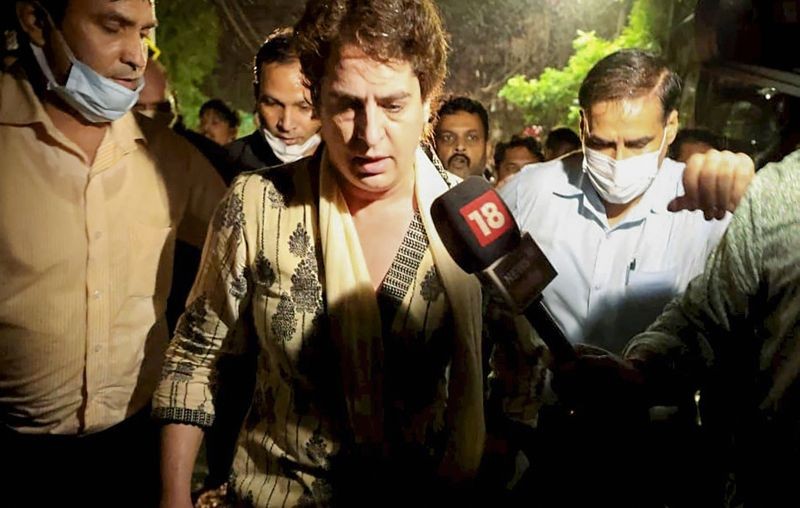 Congress general secretary Priyanka Gandhi Vadra and other party leaders reach to meet the victims of the violence that erupted during a farmers' protest and claimed eight lives a day earlier, in Lakhimpur Kheri on October 4, 2021. (PTI Photo)