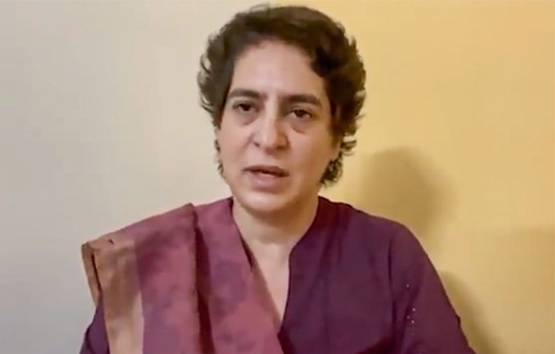 Congress General Secretary Priyanka Gandhi Vadra, who has been detained in Uttar Pradesh's Sitapur while on her way to visit violence-hit Lakhimpur district, speaks to the media virtually. (PTI Photo)