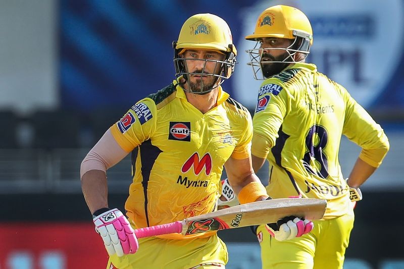 Faf du Plessis of Chennai Super Kings and Ravindra Jadeja of Chennai Super Kings during match 53 of the Indian Premier League between the Chennai Super Kings and Punjab Kings at the Dubai International Stadium in the United Arab Emirates on October 7, 2021. (PTI Photo)