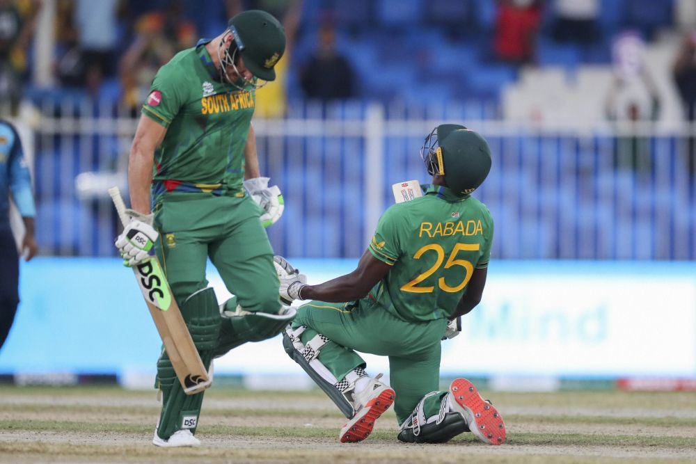 Sharjah: South Africa's Kagiso Rabada, right, reacts after defeating Sri Lanka in their Cricket Twenty20 World Cup match in Sharjah, UAE, Saturday, Oct. 30, 2021. AP/PTI(