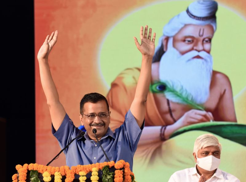 New Delhi: Delhi Chief Minister Arvind Kejriwal addresses  during 'Pratibha Samman Samaroh' on the ocassion of  Maharishi Valmiki Jayanti at Tyagraj Stadium in New Delhi, Saturday, Oct. 23, 2021. (PTI Photo/Kamal Singh)