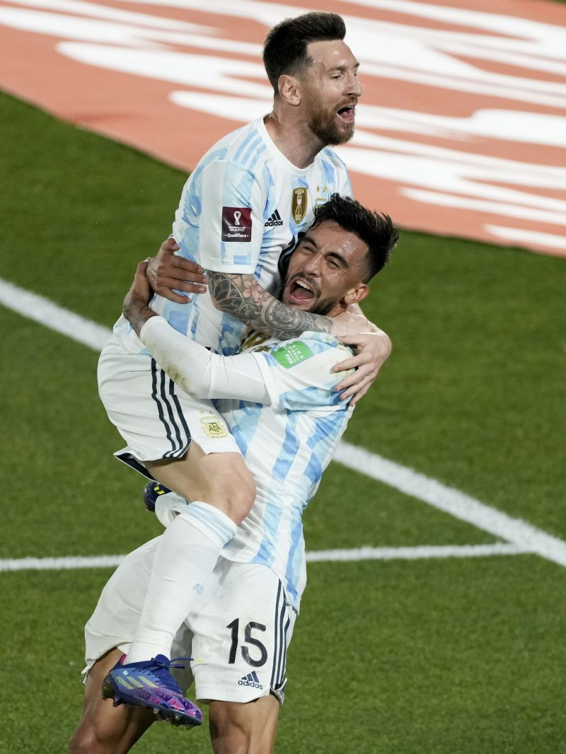 Argentina's Lionel Messi celebrates with teammate Nicolas Gonzalez after scoring the opening goal against Uruguay during a qualifying soccer match for the FIFA World Cup Qatar 2022 in Buenos Aires, Argentina on October 10, 2021. (AP/PTI Photo)
