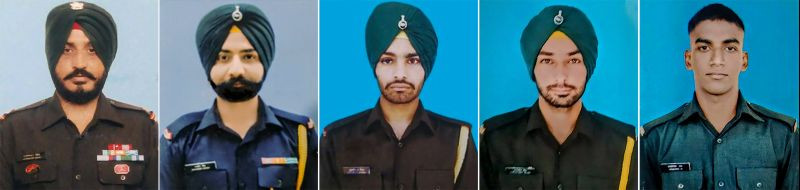 In this undated combo photo, Nb Subedar Jaswinder Singh, Nk Mandeep Singh, Sep Gajjan Singh, Sep Saraj Singh and Sep Vaishakh H, who were killed during an anti-insurgency operation in J&K's Poonch district on October 11, 2021. (PTI Photo)