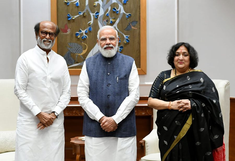 **EDS TWITTER IMAGE POSTED BY @rajinikanth ON WEDNESDAY, OCT. 27, 2021** New Delhi: Prime Minister Narendra Modi meets Dadasaheb Phalke award winner, superstar Rajinikanth (L) along with his wife Latha Rajinikanth (R) in New Delhi. (PTI Photo)
