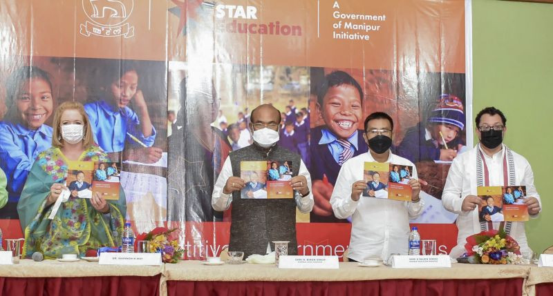 Imphal: Manipur Chief Minister N. Biren Singh releases a leaflet during the launch of STAR Education Manipur, a state government initiative for education sector, in Imphal, Saturday, Oct. 16, 2021. (PTI Photo)
