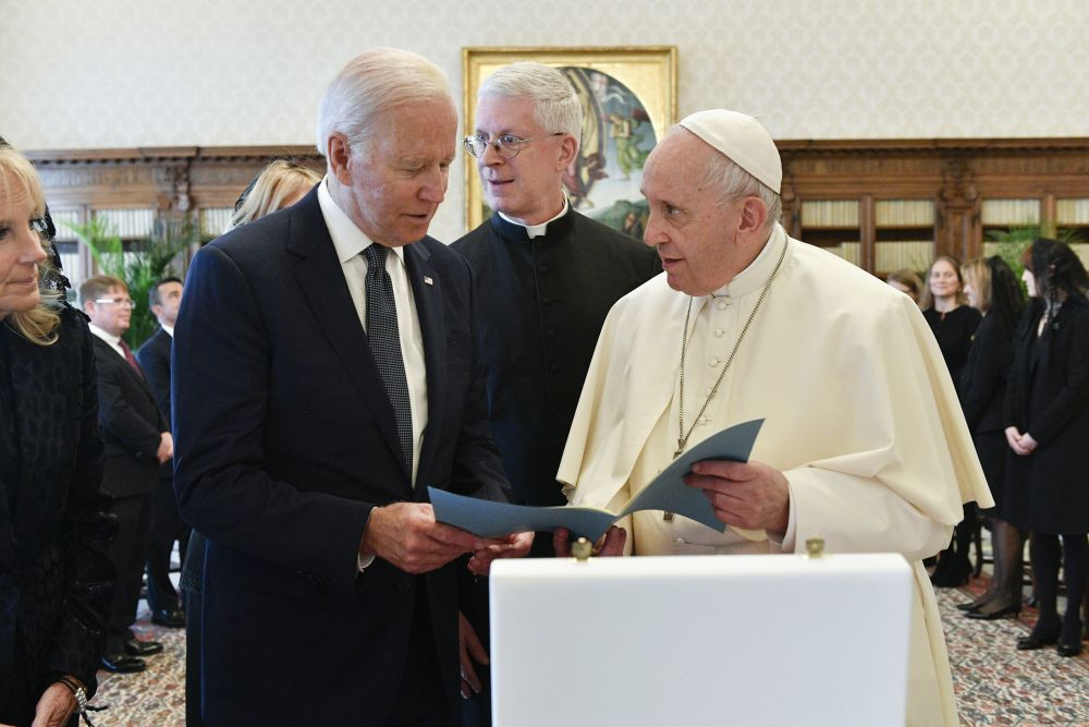 Vatican City : US President Joe Biden, left, exchanges gifts with Pope Francis as they meet at the Vatican, Friday, Oct. 29, 2021. President Joe Biden is set to meet with Pope Francis on Friday at the Vatican, where the world‚Äôs two most notable Roman Catholics plan to discuss the COVID-19 pandemic, climate change and poverty. The president takes pride in his Catholic faith, using it as moral guidepost to shape many of his social and economic policies. AP/PTI
