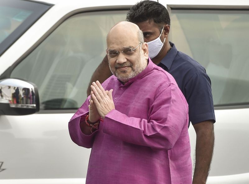 New Delhi: Home Minister Amit Shah arrives to flag off Central Armed Police Forces Cycle rally and 'Sudarshan Bharat Parikrma' by NSG Commandos from Red Fort in New Delhi, Oct. 2, 2021. (PTI Photo/Vijay Verma)