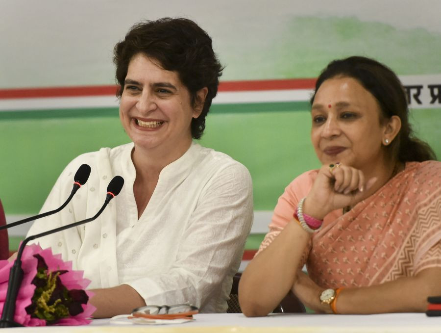 Lucknow: Congress General Secretary Priyanka Gandhi Vadra addresses a press conference at the party office in Lucknow, Tuesday, Oct. 19, 2021. (PTI Photo/Nand Kumar)