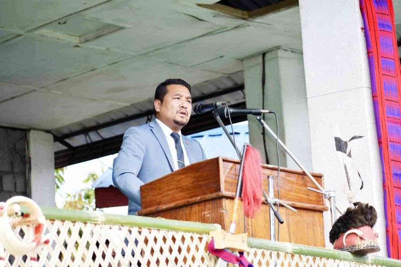 Minister for PWD (H&M) Tongpang Ozukum addressing the LTM 44th General Conference at Anu Mai Amphitheatre in Chuchuyimlang village on October 1.