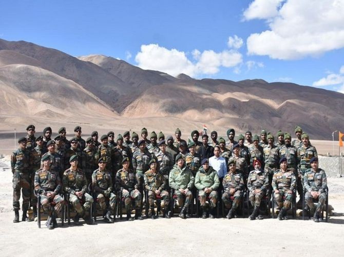 Indian Army chief Gen Mukund Manoh Naravane with the soldiers posted in Ladakh. Photograph: Indian Army/Twitter