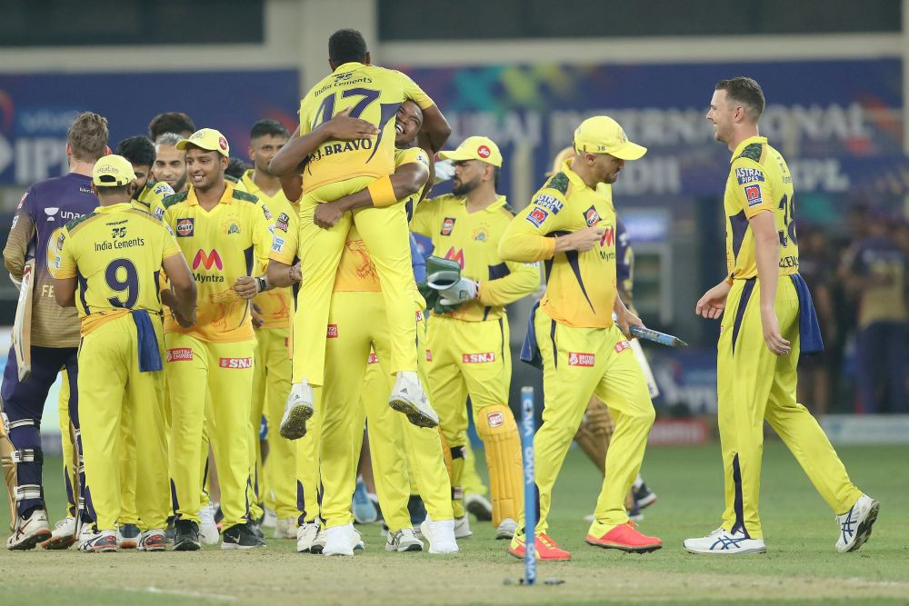 Dubai: Chennai Super Kings celebrate their win in the final of the Indian Premier League 2021 between the Chennai Super Kings and the Kolkata Knight Riders, at the Dubai International Stadium, UAE, Friday, Oct. 15, 2021. (PTI Photo/Sportzpics for IPL)