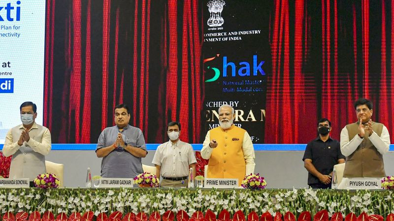 Prime Minister Narendra Modi launches the PM Gati Shakti - National Master Plan, at Pragati Maidan, in New Delhi on October 12, 2021. Union Ministers Nitin Gadkari, Piyush Goyal and Sarbananda Sonowal are also seen. (PTI Photo)