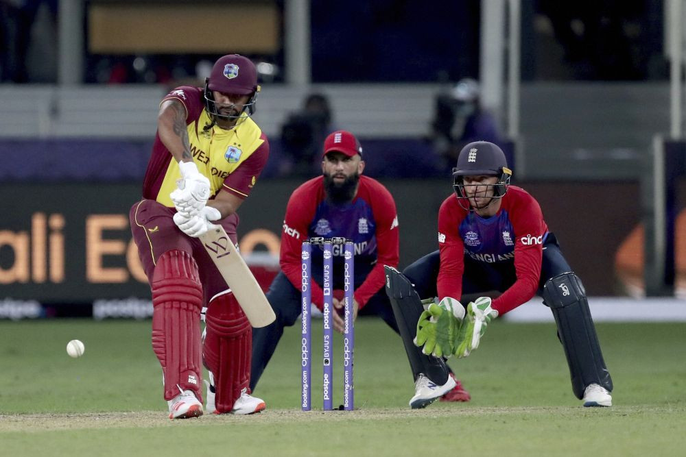 Dubai: West Indies' Akeal Hosein batts during the Cricket T20 World Cup match between England and the West Indies at the Dubai International Cricket Stadium, in Dubai, UAE, Saturday, Oct. 23, 2021. AP/PTI