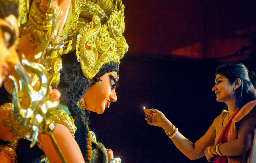 Kolkata: A married woman performs rituals to Goddess Durga after Vijayadashami of the Durga Puja festival, in Kolkata, Saturday, Oct. 16, 2021. (PTI Photo)