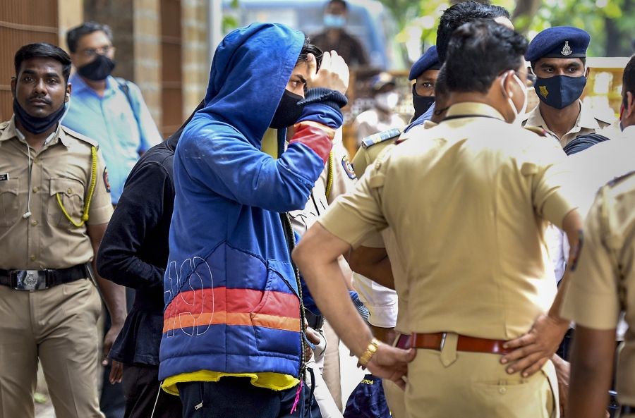 Mumbai: Bollywood actor Sharukh Khan's son Aaryan Khan being taken to hospital after he arrested in connection with a drugs case in Mumbai, Monday, Oct. 4, 2021. (PTI Photo)