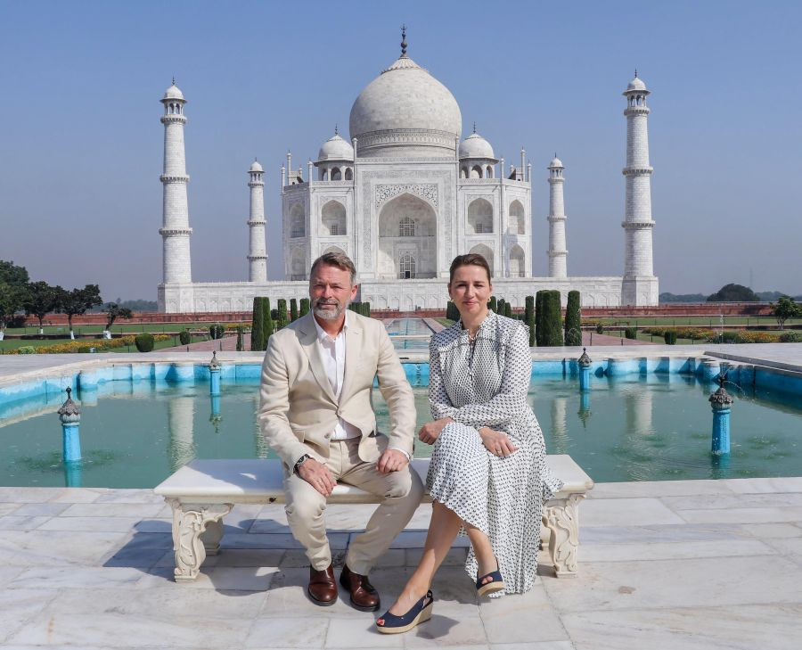 Agra: Denmark Prime Minister Mette Frederiksen poses for a photograph inside the premises of the historic Taj Mahal, in Agra, Sunday, Oct. 10, 2021. (PTI Photo)