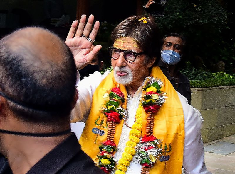 Bollywood actor Amitabh Bachchan waves his fans during his 79th birthday, outside his residence Jalsa, in Mumbai on October 11, 2021. (PTI Photo)