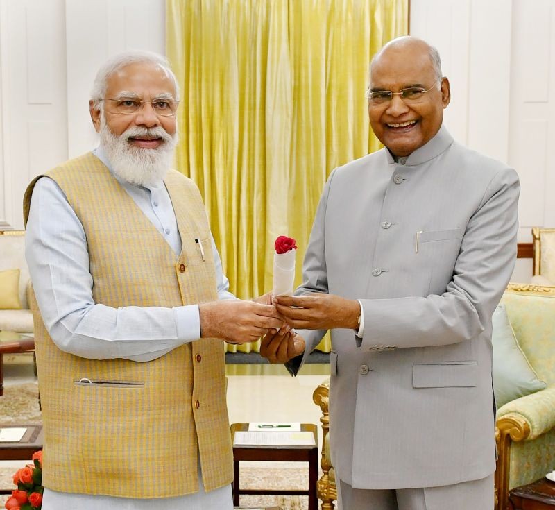 Prime Minister Narendra Modi greets President Ram Nath Kovind on his birthday at Rashtrapati Bhavan, in New Delhi on October 1, 2021. (PTI Photo)