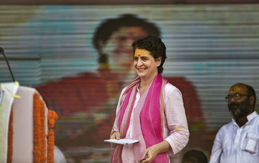 Varanasi: Congress General Secretary Priyanka Gandhi arrives to address during 'Kisan Nyay' rally, ahead of UP Assembly Elections 2022, in Varanasi, Sunday, Oct. 10, 2021. (PTI Photo/Ravi Choudhary)