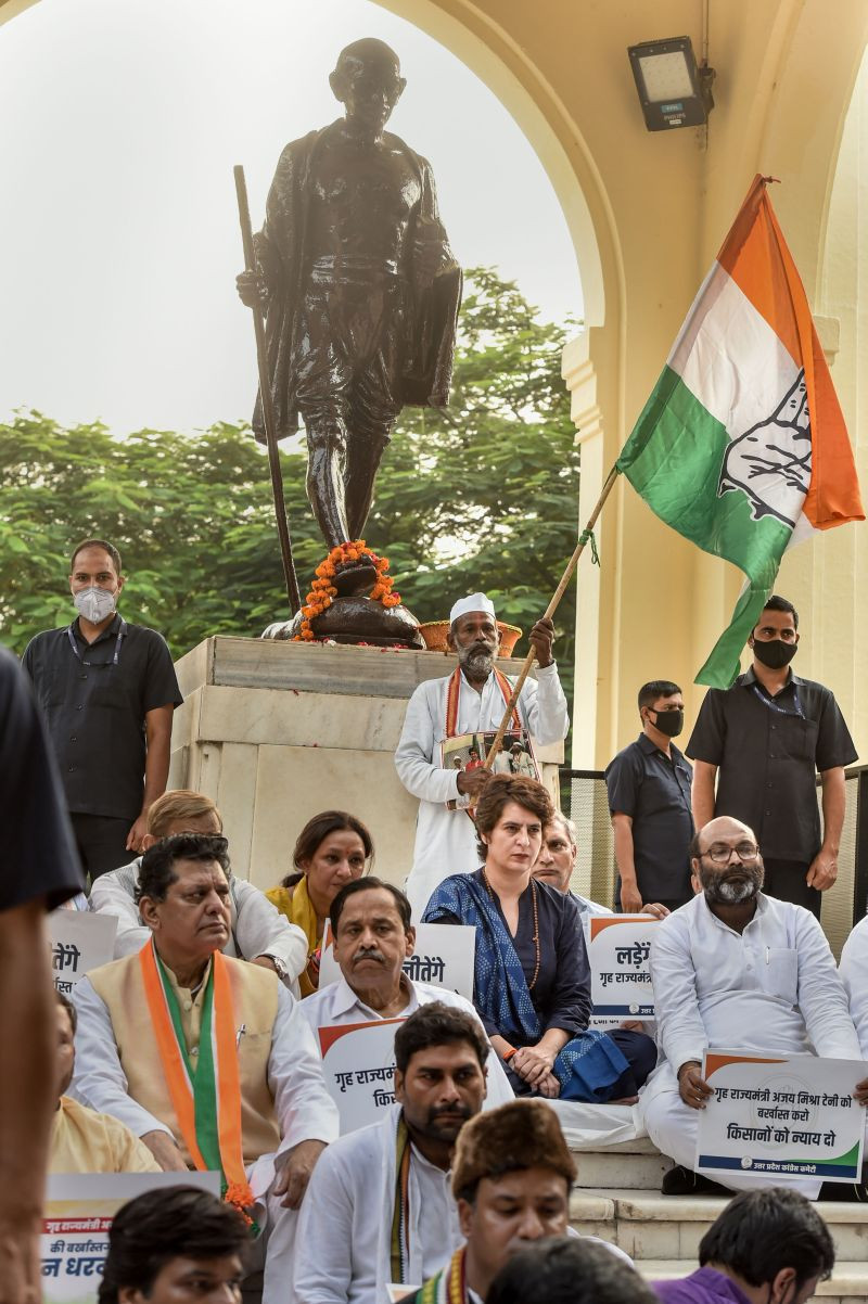 Congress General Secretary Priyanka Gandhi Vadra along with party workers stage a silent dharna over the Lakhimpur Kheri incident, in Lucknow on October 11, 2021. (PTI Photo)