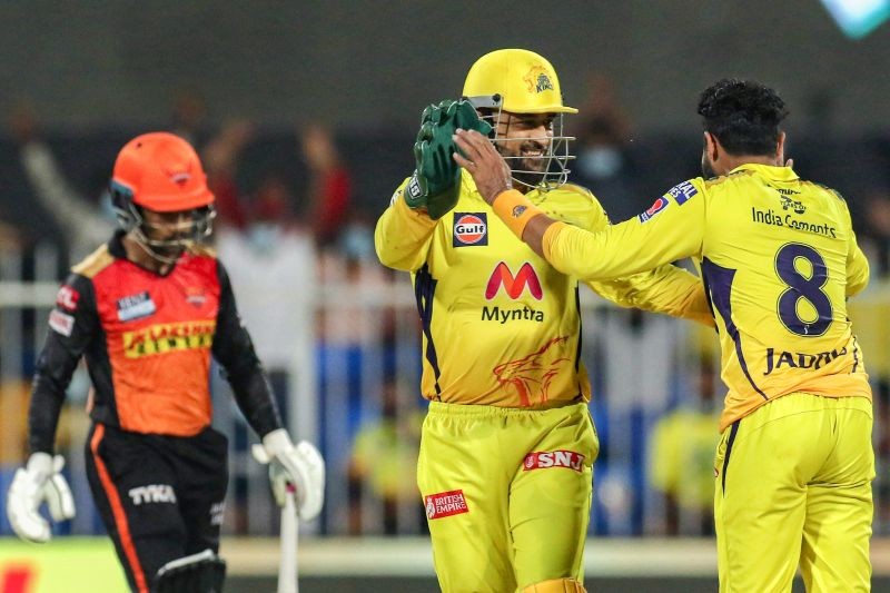 MS Dhoni captain of Chennai Super Kings and Ravindra Jadeja of Chennai Super Kings celebrates the wicket of Wriddhiman Saha of Sunrisers Hyderabad during match 44 of the Indian Premier League between the Sunrisers Hyderabad and the Chennai Super Kings,at the Sharjah Cricket Stadium, Sharjah in the United Arab Emirates on September 30, 2021. (PTI Photo)