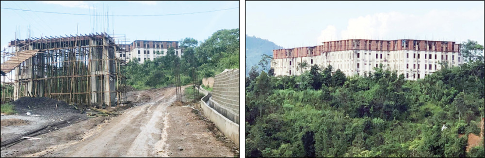 The entrance (Left) and a bird’s-eye view of Kohima Medical College (Right), Nagaland’s first medical college being set up at Phriebagei under Kohima district on October 10. While the foundation stone for the first the medical college was laid by Chief Minister Neiphiu Rio in 2014 and he informed the 7th session of the 13th Nagaland Legislative Assembly in February 2021 that the Government is “planning to apply for starting the Kohima Medical College from the academic year 2022-23 to the National Medical Commission,” progress of work at ground level indicated that the target might be missed. The Rs 189 crore project is shared by the Union and the State government in the ratio of 90:10. (Morung Photos)