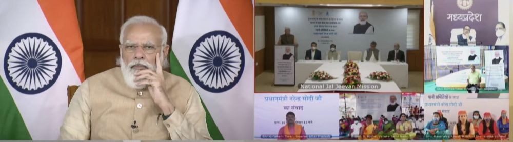 **EDS: VIDEO GRAB** New Delhi: Prime Minister Narendra Modi interacts with Gram Panchayats and Pani Samitis on Jal Jeevan Mission, in New Delhi, Saturday, Oct. 2, 2021. (PTI Photo)
