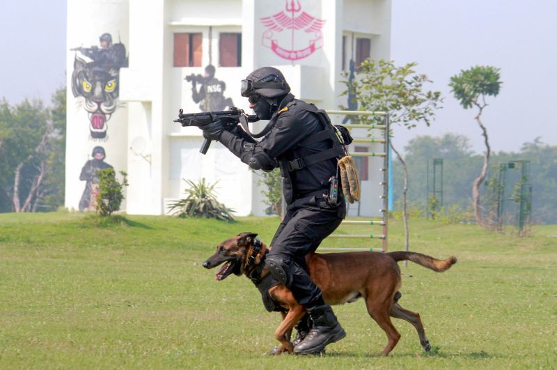 Gurugram:A National Security Guard (NSG) Command shows his skills to counter terrorist operations on the occasion of NSG 37th Raising in Gurugram, Saturday, Oct. 16, 2021. (PTI Photoi)