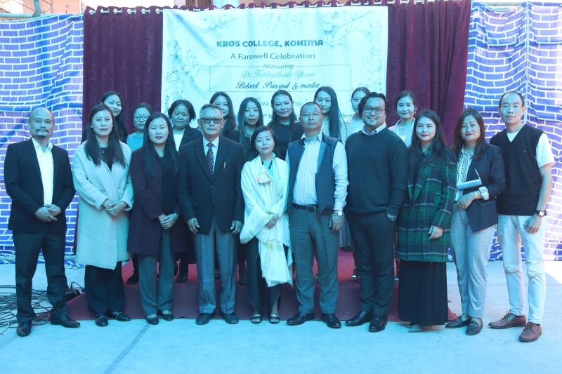 The outgoing Principal of KROS College Kohima, Dr Kekhrielhoulie Yhome along with other teaching faculty members during his farewell programme on November 20. (DIPR Photo)