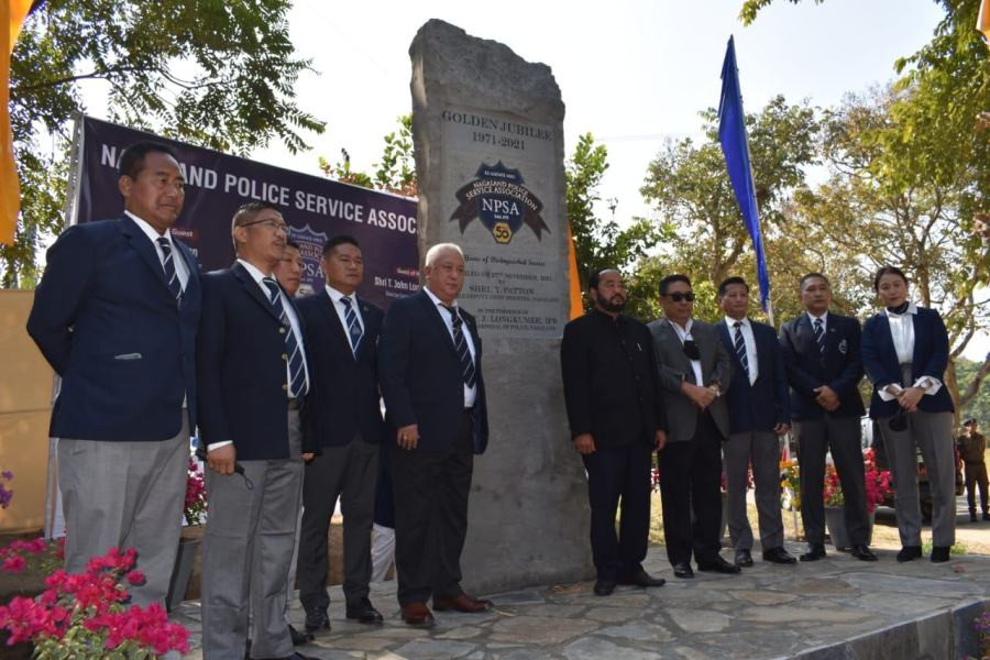 Deputy CM, Y Patton and DGP T John Lonkumer and NPS officers after unveiling a monolith commemorating the 50th founding anniversary of the Nagaland Police Service Association on November 26 at the Nagaland Police Complex, Chümoukedima.