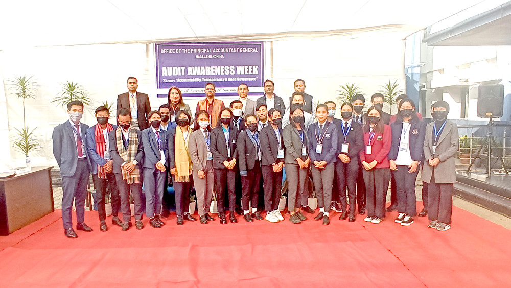 Student participants, judges and others during the inter-college extempore speech competition organised by the Office of Principal Accountant General, Nagaland in Kohima on November 24 as a part of the Audit Awareness Week.