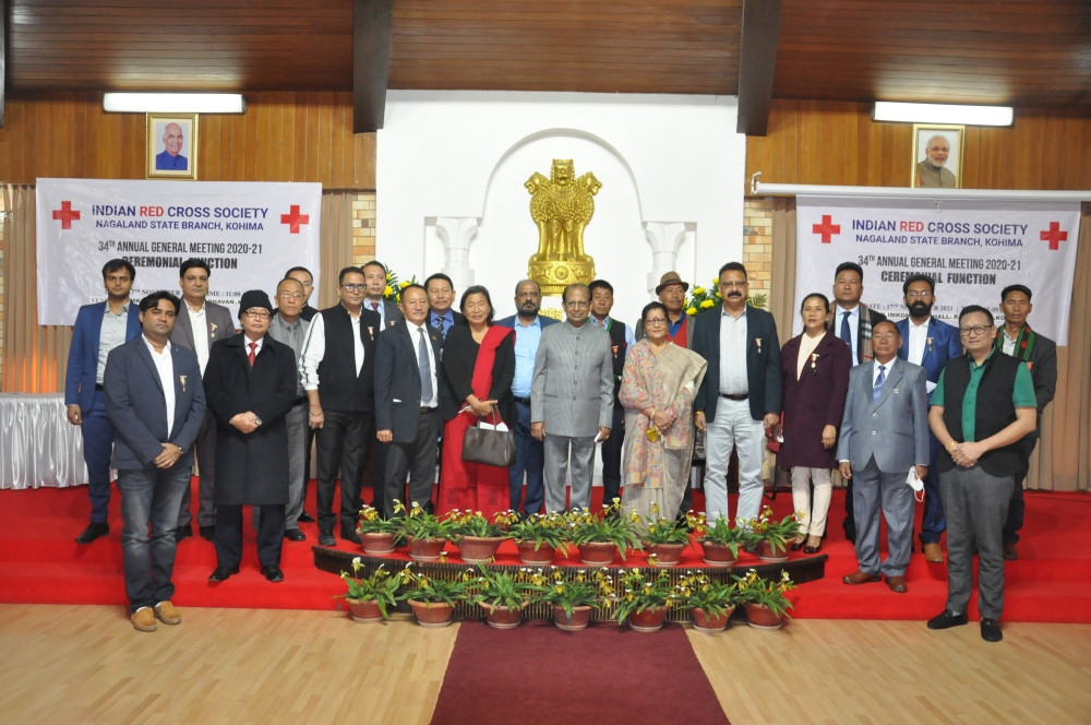 Governor Prof Jagdish Mukhi, wife Prem Mukhi and the newly decorated Patron and Vice-Patron of IRCSN during the ceremonial function of 34th annual general body meeting at Dr Imkongliba Ao Hall, Raj Bhavan Kohima on November 17. (Photo Courtesy: PRO to Governor)