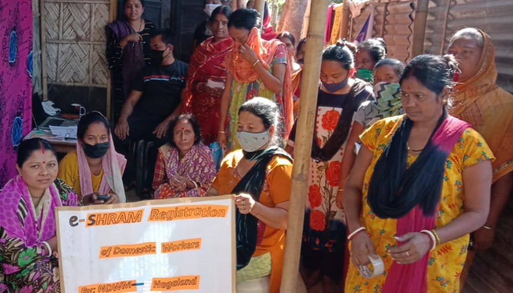 ACID cum NDWM Nagaland region organised mass registration of unorganized workers (domestic workers) in e-SHARAM portal with the assistance from Ellis Lotha, CSC centre New Market, Dimapur on November 18. 74 domestic workers were registered under this portal. Punam and Kiran created awareness on social security and the importance of being enrolled under e-SHRAM portal. (Photo Courtesy: NDWM Nagaland Region)
