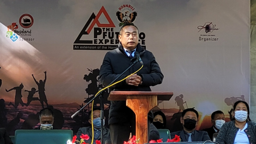 Neiba Kronu addressing the inaugural programme of “The Pfutsero Experience- An Extension of the Hornbill Festival 2021” at Pfutsero on December 2. (Morung Photo)