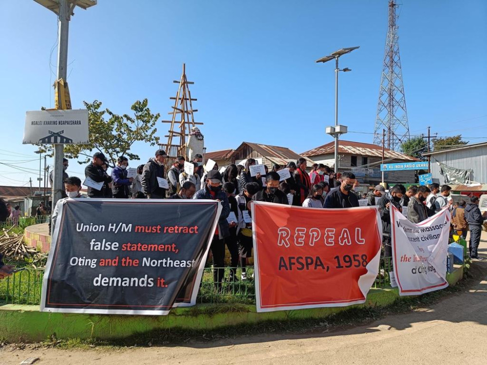 Nagas living in the “present state of Manipur” carried out sit-in-protests in all the “Naga district headquarters” of Manipur to condemn the massacre of 14 Naga youths of Oting village, Mon district, Nagaland, on December 4 and 5, 2021. (NNN Photo)