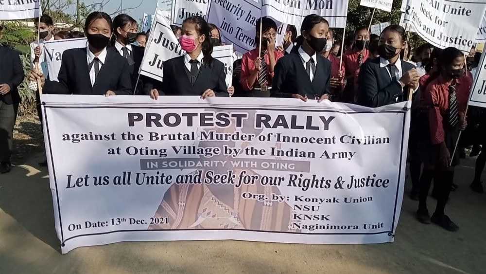 The Konyak Union (KU) Naginimora, Naginimora Students Union (NSU) and KNSK took out a protest rally against the December 4 and 5 killings in Mon. 