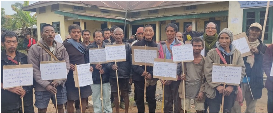 Work-charge employees of the Aboi Division PWD workers who have not been paid for 22 months protested at the SDO PWD (R&B) office on February 2.