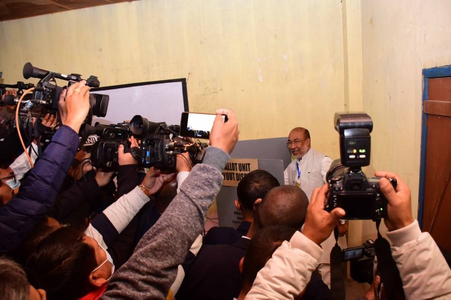 Chief Minister N Biren Singh casting of vote at Srivan High School at polling station No 2/16, Luwangshangbam Mamang Leikai Heingang Assembly constituency in Imphal East district on February 28.